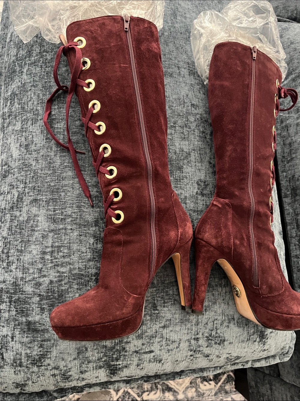 PRADA Burgundy Suede Lace-Up Knee-High Boots